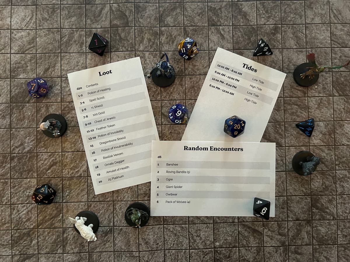 Random tables printed on index cards on a TTRPG mat with dice and minis